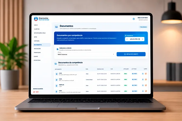 Tela de documentos por competência do Painel do Contador, mostrando guias enviadas e o controle de quem visualizou