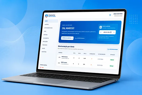 Painel do Contador do Empresarius com a lista de empresas clientes e a exportação de XMLs em lote